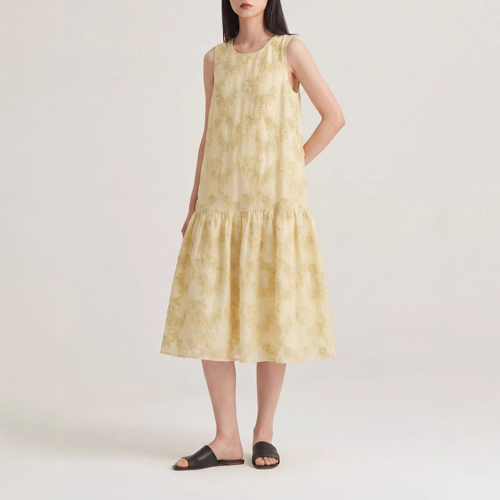 Women's Polyester Embroidered Sleeveless Midi Dress Loose A-Line Smock Dress