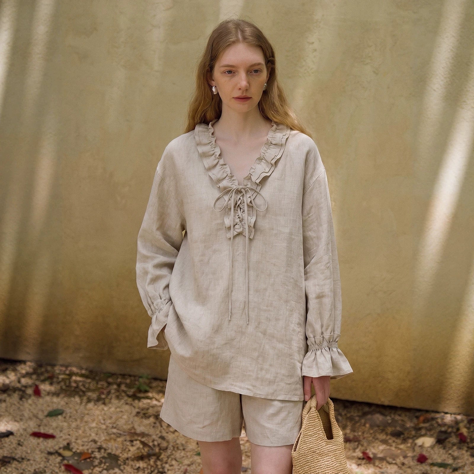 Women's Linen Cotton Blend Tie V-Neck Long Sleeve Blouse Loose Casual Tunic Top